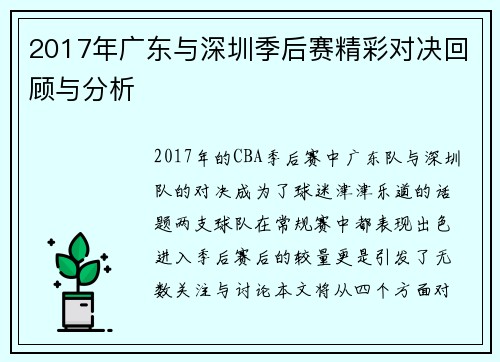 2017年广东与深圳季后赛精彩对决回顾与分析