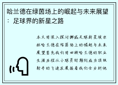 哈兰德在绿茵场上的崛起与未来展望：足球界的新星之路
