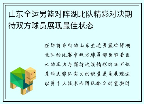 山东全运男篮对阵湖北队精彩对决期待双方球员展现最佳状态