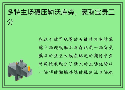 多特主场碾压勒沃库森，豪取宝贵三分