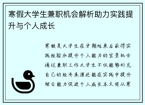 寒假大学生兼职机会解析助力实践提升与个人成长