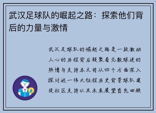 武汉足球队的崛起之路：探索他们背后的力量与激情
