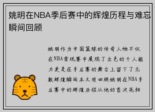 姚明在NBA季后赛中的辉煌历程与难忘瞬间回顾
