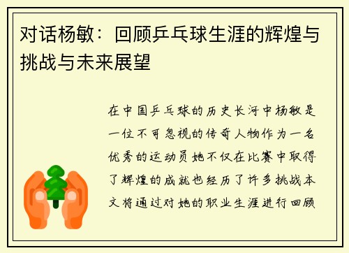 对话杨敏：回顾乒乓球生涯的辉煌与挑战与未来展望