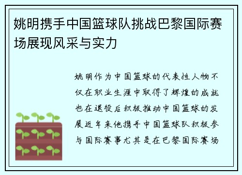 姚明携手中国篮球队挑战巴黎国际赛场展现风采与实力