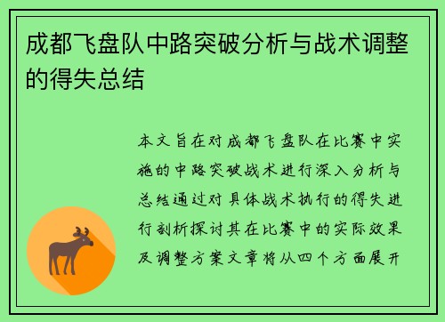 成都飞盘队中路突破分析与战术调整的得失总结