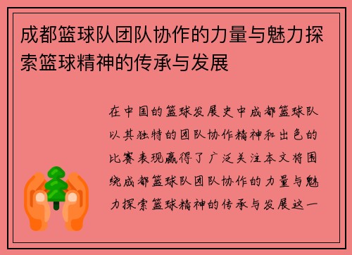 成都篮球队团队协作的力量与魅力探索篮球精神的传承与发展